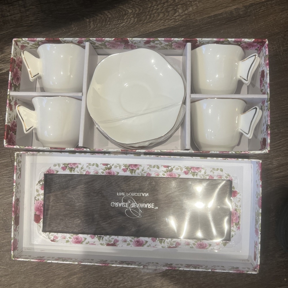 NEW Grace Teaware Butterflies Set of 4 Espresso Cups & Saucers White Gold Trim